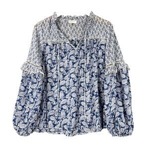 Juniper Blu Womens M Sheer Chiffon Boho Paisley Blouse Lace Trim Long Sleeve